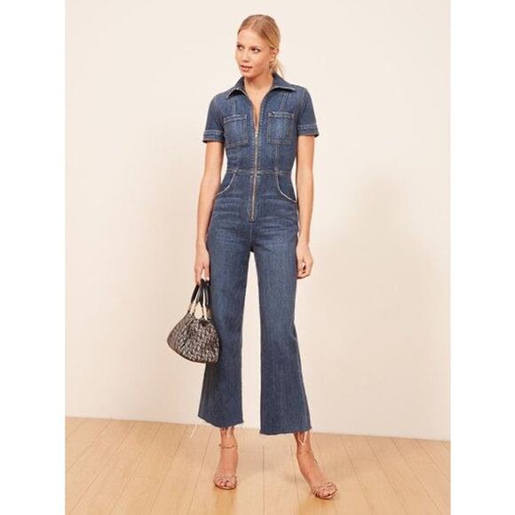Reformation Dark Denim jumpsuit wide leg patch pockets short sleeve size 2 - Picture 1 of 9